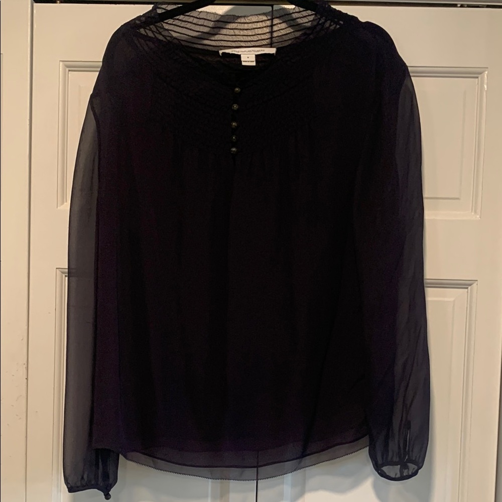 Diane Von Furstenberg Navy Sheer Sleeve Blouse